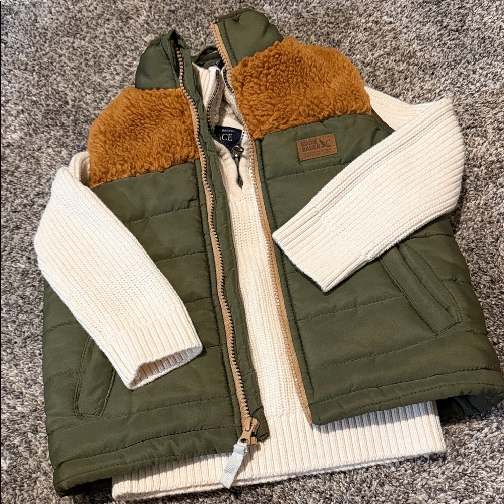 Green and Brown Puffer Vest with Sherpa Cream Sweater